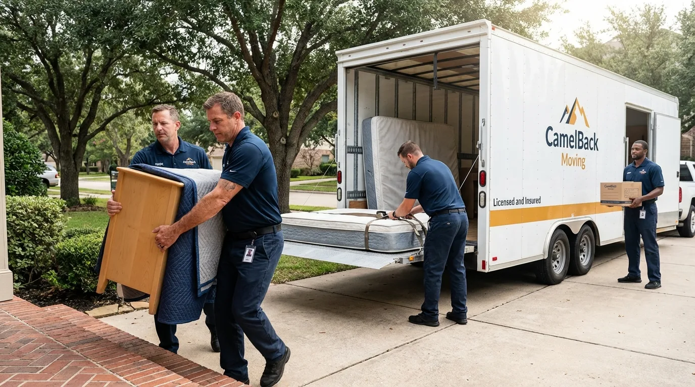 Crew loading residential truck for cross-state move from Bellville, TX