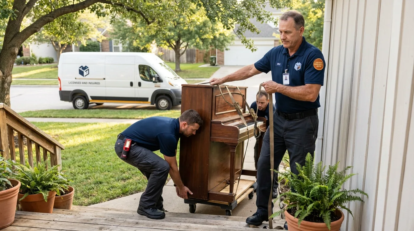 Licensed piano movers securing grand piano in Bellville, TX