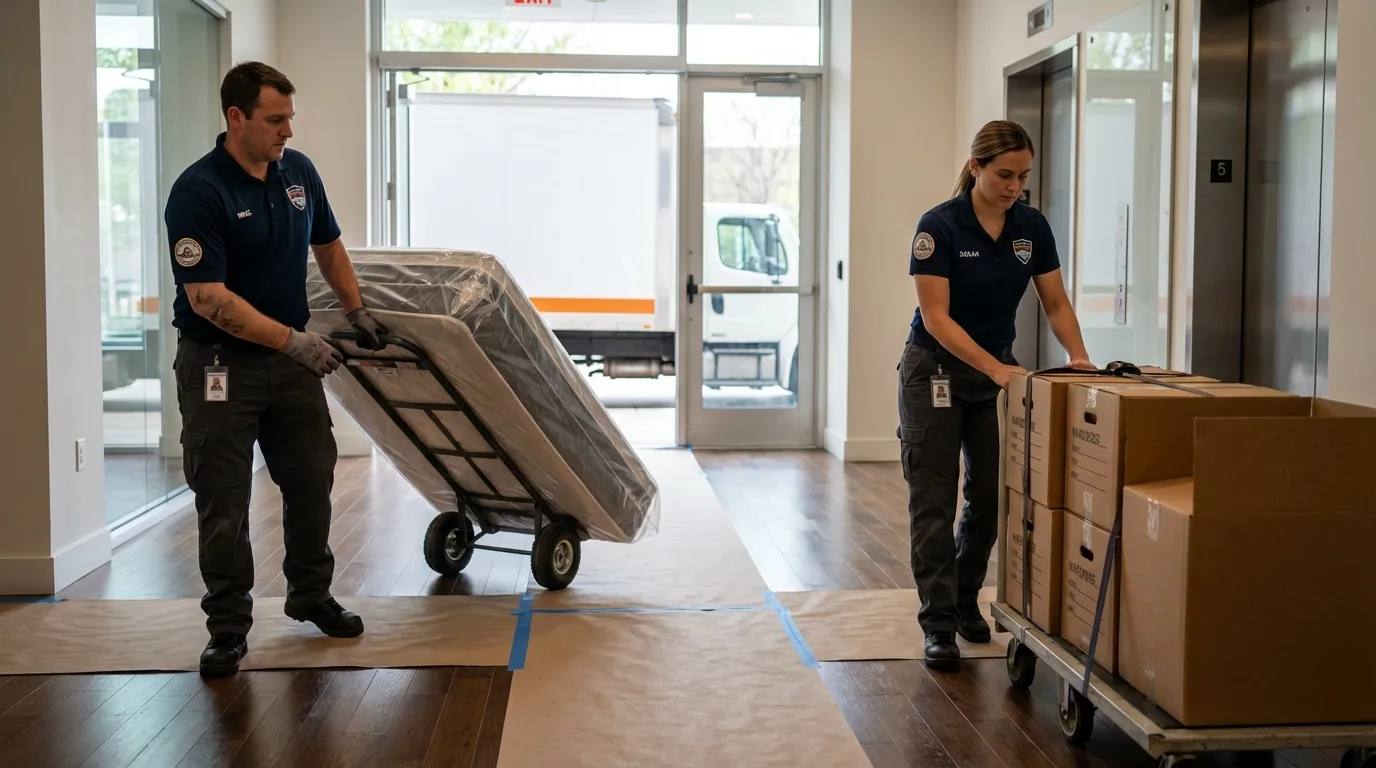Professional apartment movers loading elevator in Bellville, TX
